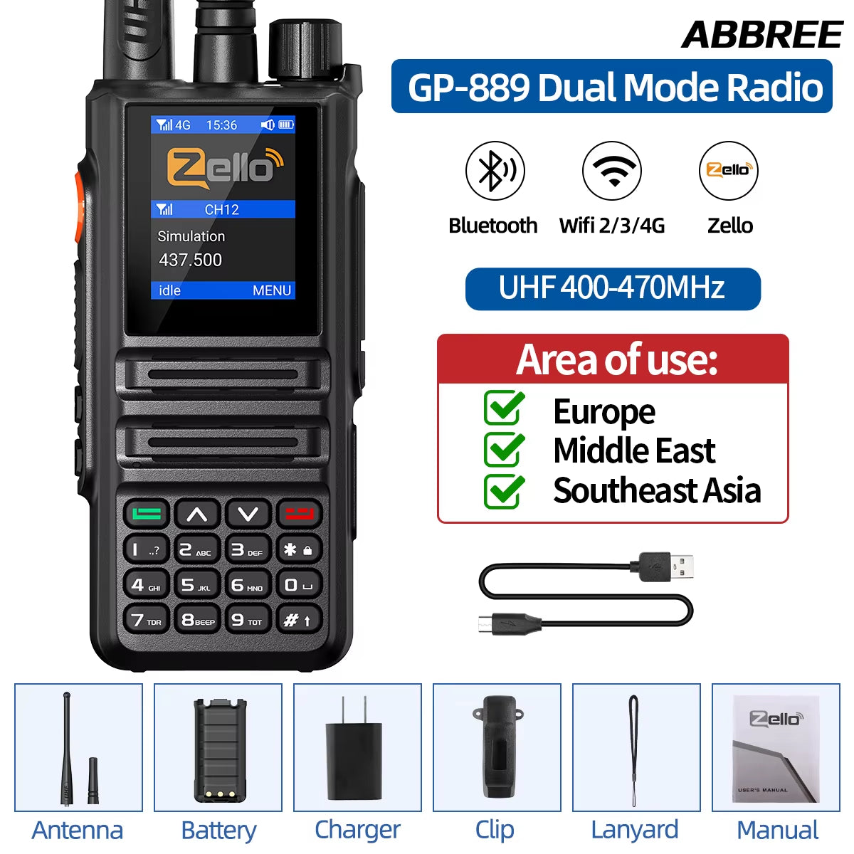 GP-889 Dual Mode Network POC Radio Walkie Talkie ZELLO Global UHF Bluetooth WIFI 2G 4G Sim Card Android Type-C Ham Radio