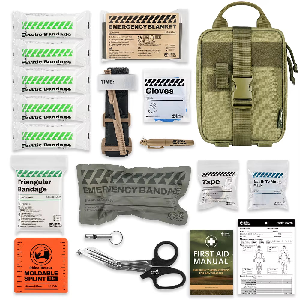 Rhino First Aid Survival Kit IFAK Pouch Supplied Camping Kit with 20 EMT Items for Emergency Outdoors