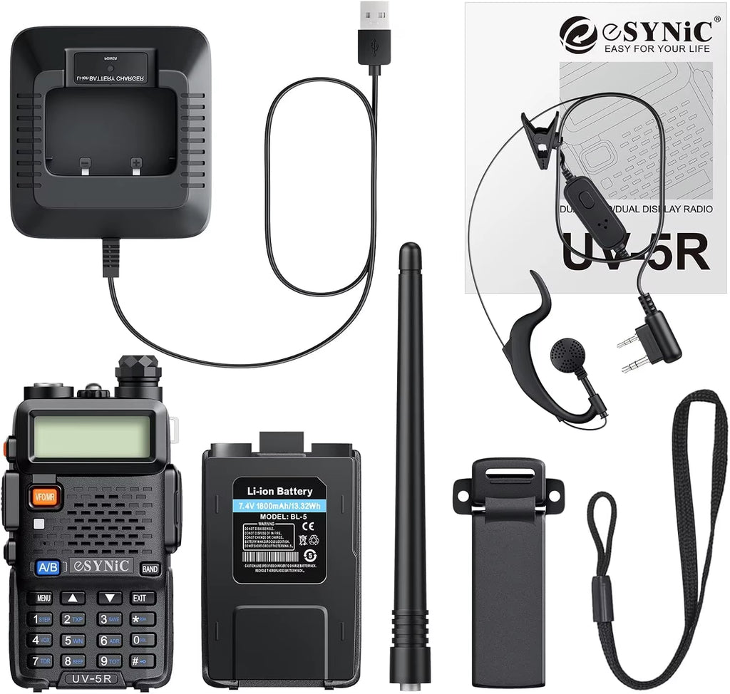 Professional UV-5R Two-Way Radio Walkie Talkie Dual Band UHF VHF Radio+Earpiec for Outdoor with LED Display Channel Encryption