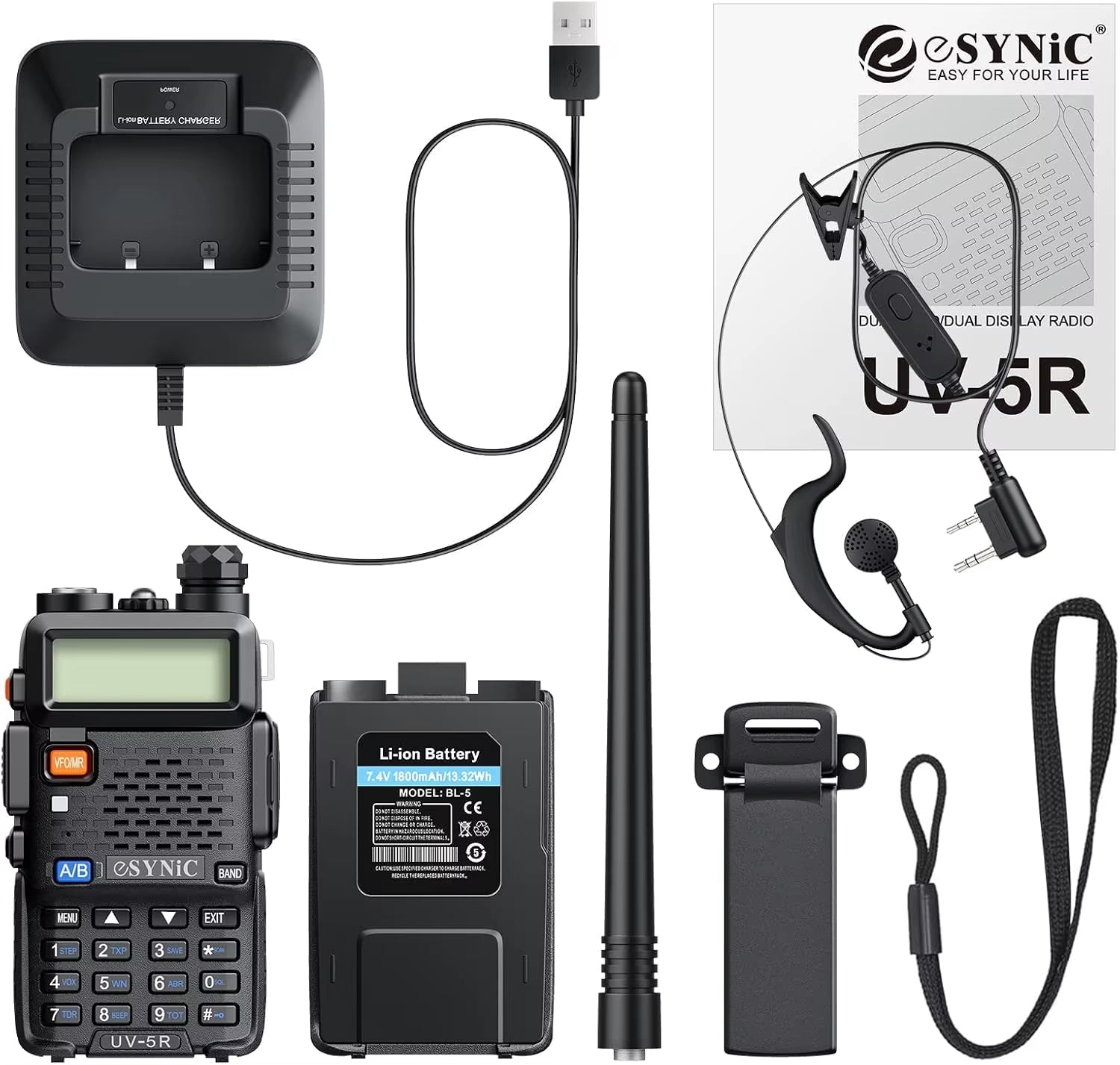 Professional UV-5R Two-Way Radio Walkie Talkie Dual Band UHF VHF Radio+Earpiec for Outdoor with LED Display Channel Encryption