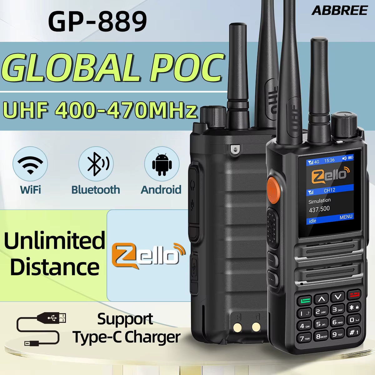 GP-889 Dual Mode Network POC Radio Walkie Talkie ZELLO Global UHF Bluetooth WIFI 2G 4G Sim Card Android Type-C Ham Radio