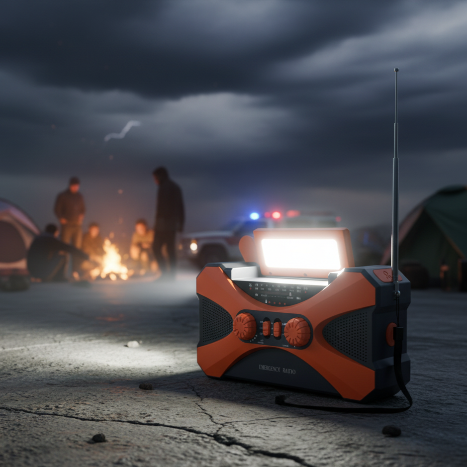 Emergency Radio With Flashlights, Solar Panel, Powerbank and Dynamo-Hand Charging
