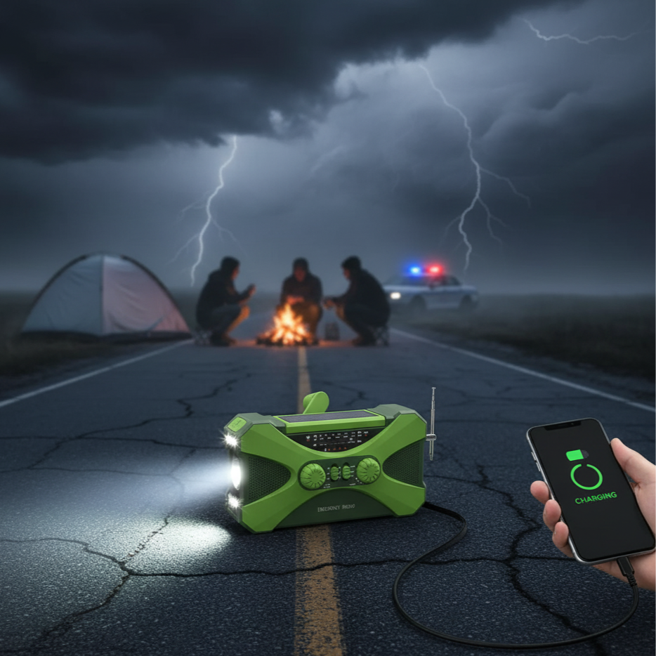 Emergency Radio With Flashlights, Solar Panel, Powerbank and Dynamo-Hand Charging
