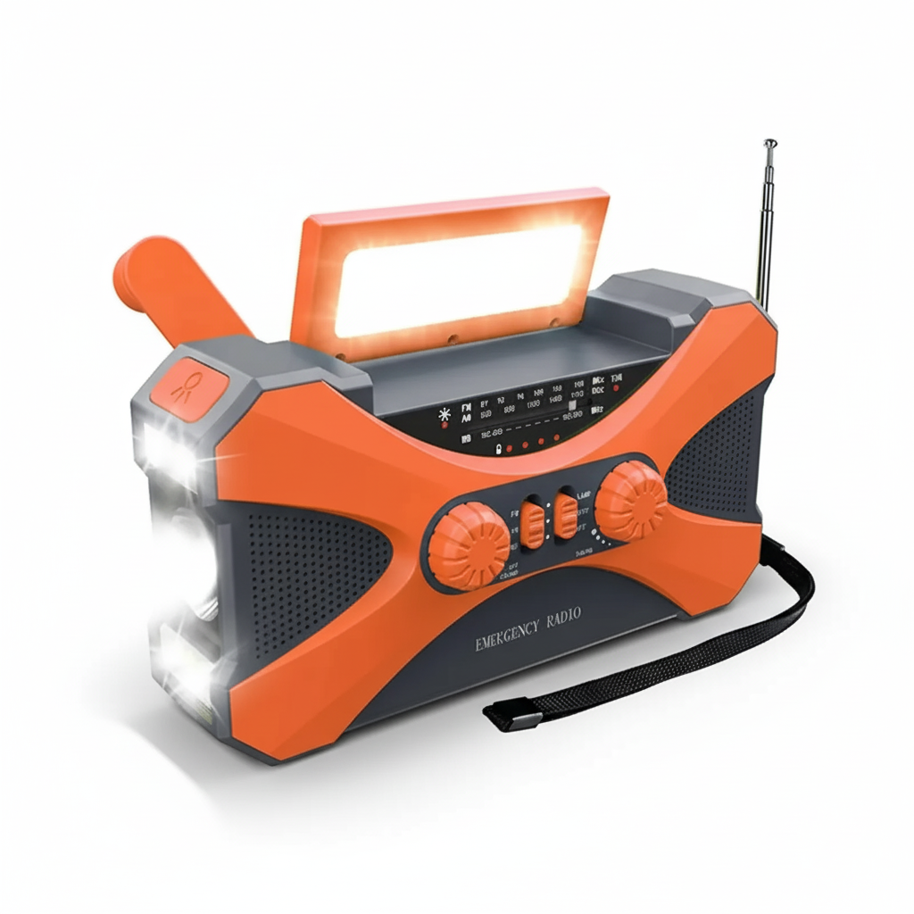 Emergency Radio With Flashlights, Solar Panel, Powerbank and Dynamo-Hand Charging