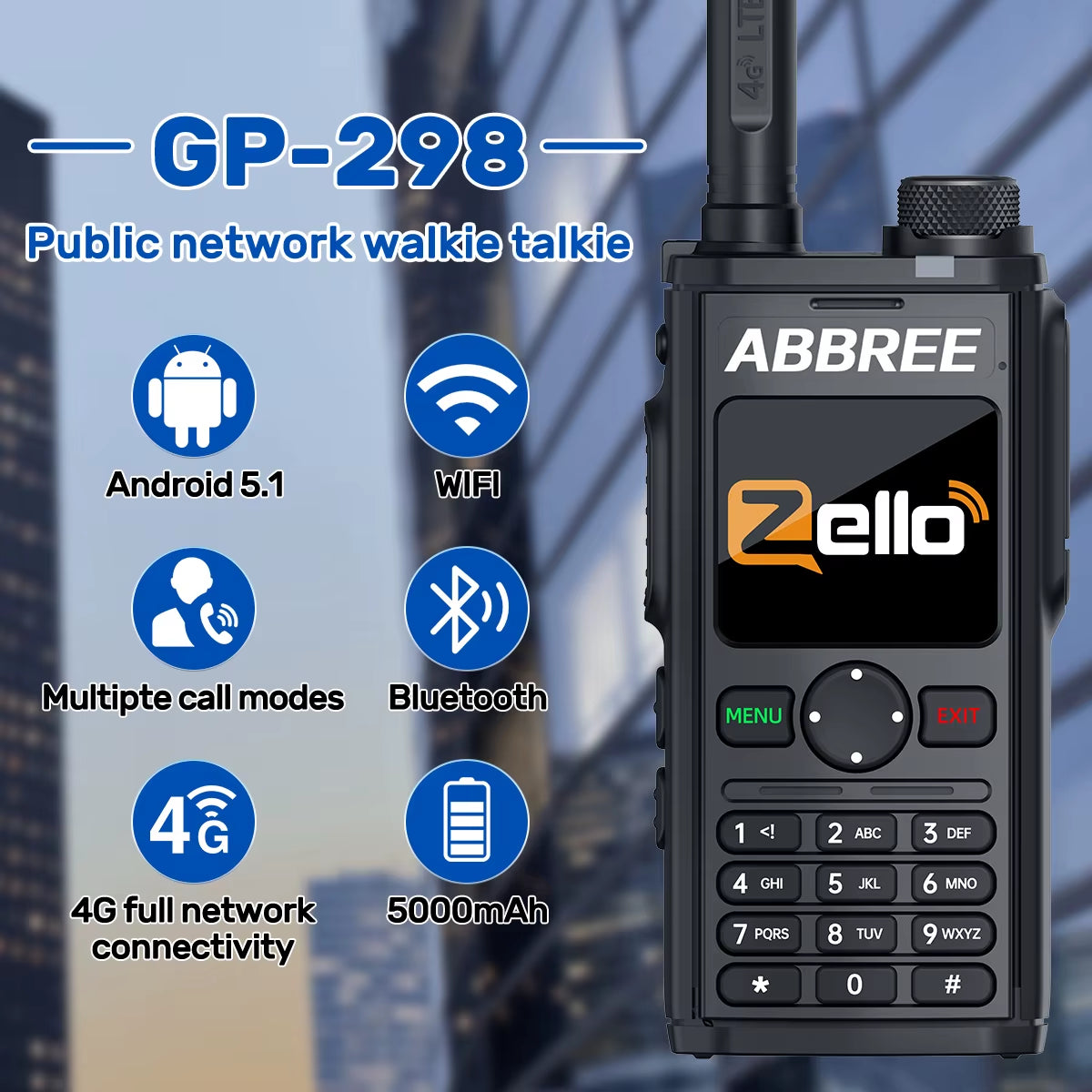 GP-298 Network Walkie Talkie Unlimited Distance Zello Global POC 4G 3G 2G SIM Card Android Bluetooth WIFI Two Way Radio