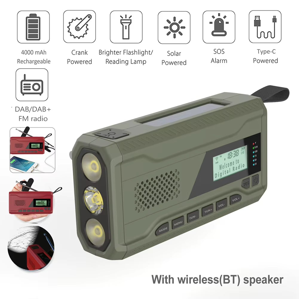 Hand Crank Radio with Flashlight BT Speaker Solar Radio Rechargeable Emergency Weather Radio for Outdoor Camping Emergency
