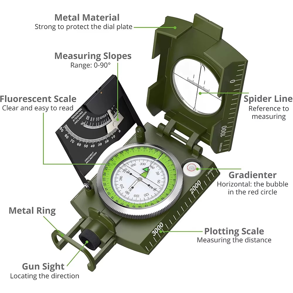 Mulitifunctional High Precision Outdoor Survival Military Compass Camping Waterproof Metal with Fluorescent Geological Compass