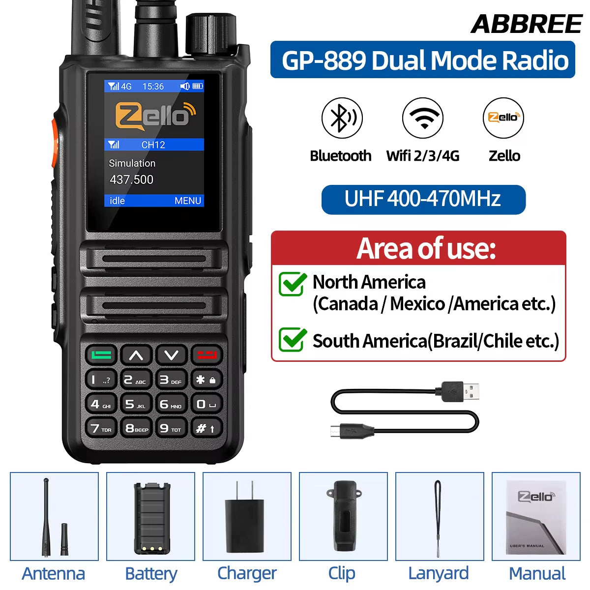 GP-889 Dual Mode Network POC Radio Walkie Talkie ZELLO Global UHF Bluetooth WIFI 2G 4G Sim Card Android Type-C Ham Radio