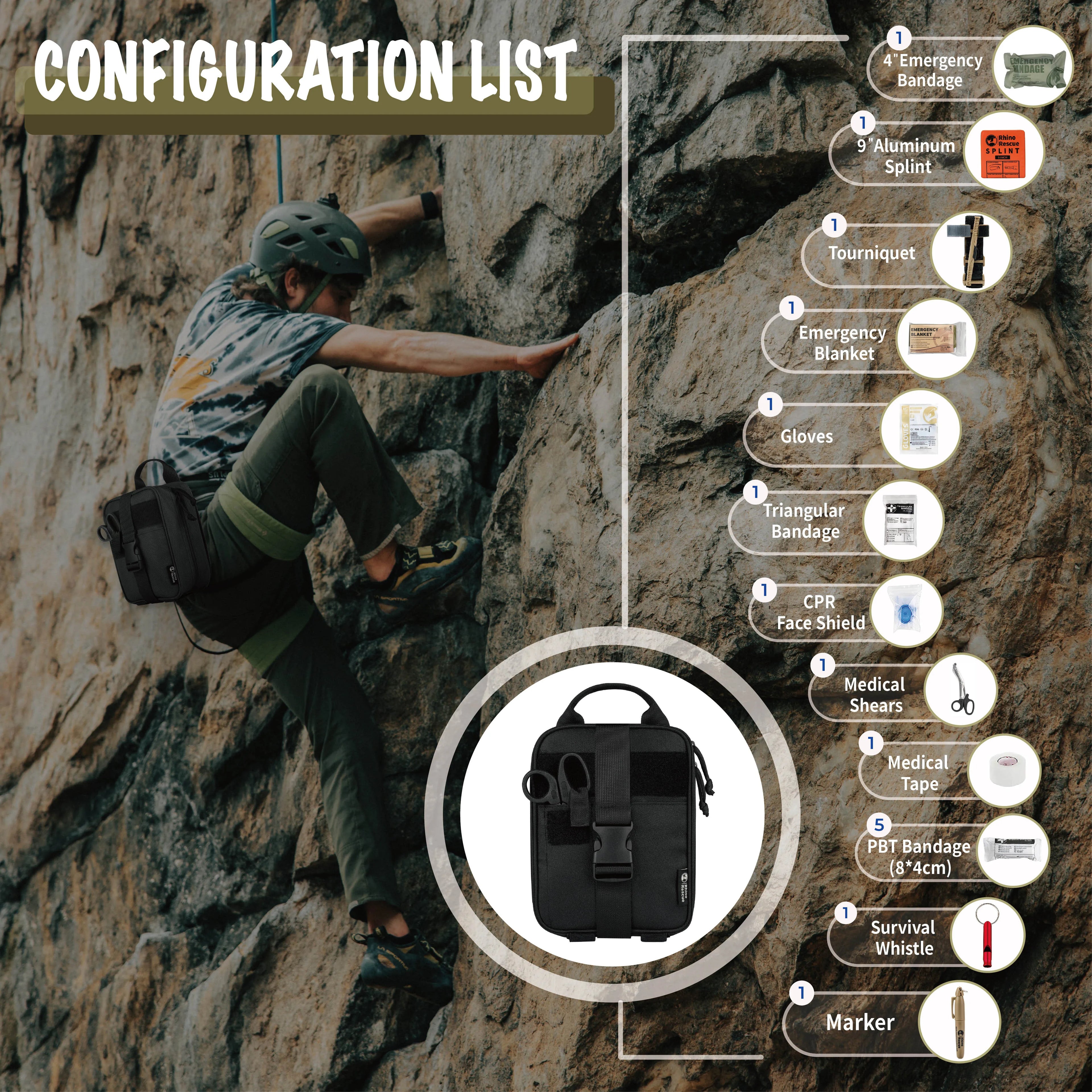 Rhino First Aid Survival Kit IFAK Pouch Supplied Camping Kit with 20 EMT Items for Emergency Outdoors