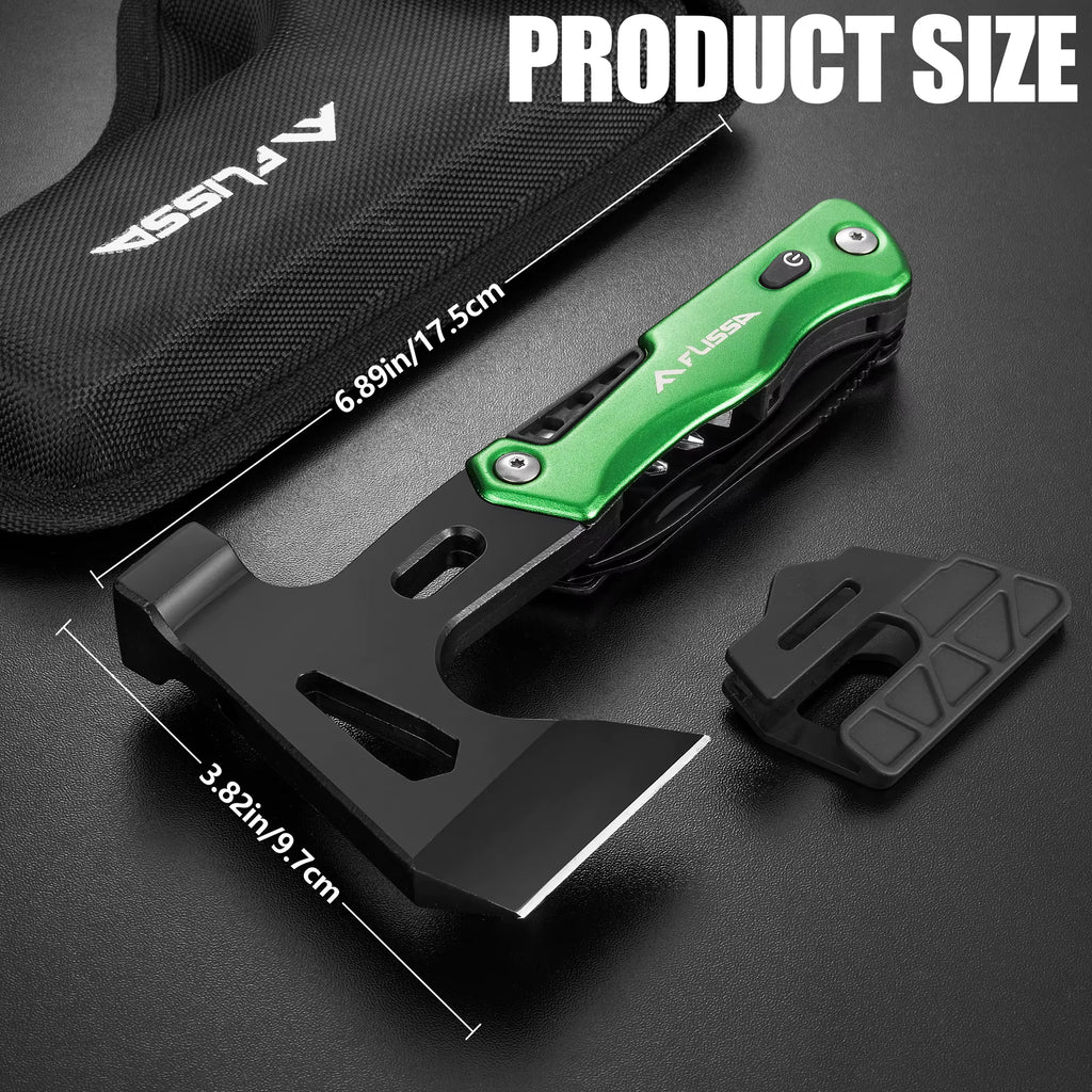 FLISSA Camping Axe Hammer 14-In-1 Multitool, Hatchet Multi Tool Stainless Steel with LED Light, EDC Hiking Survival Multi Functi