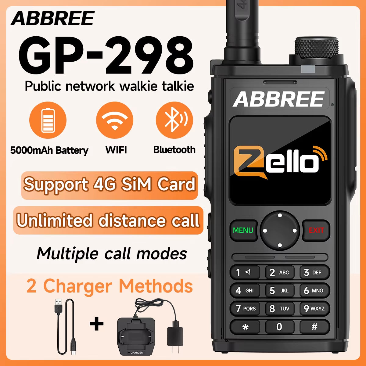 GP-298 Network Walkie Talkie Unlimited Distance Zello Global POC 4G 3G 2G SIM Card Android Bluetooth WIFI Two Way Radio